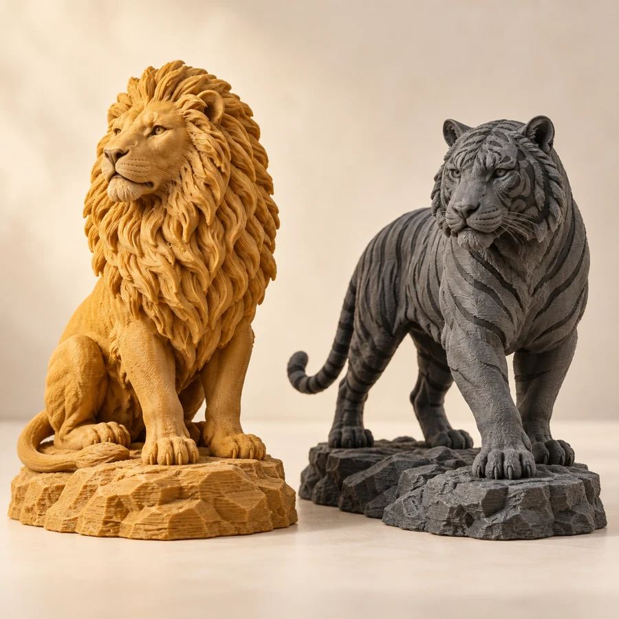 Sample design: Small 3D printed golden lion and charcoal tiger statues