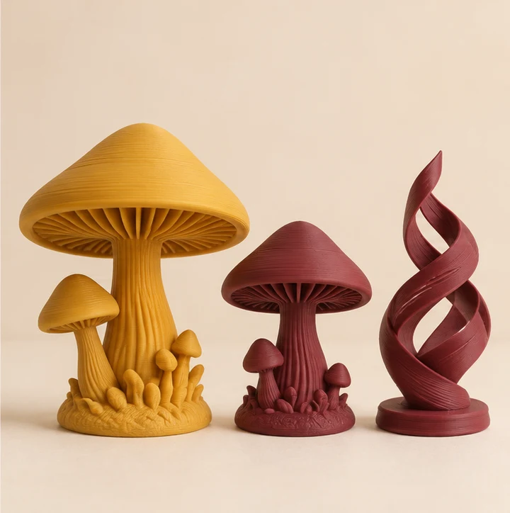 Sample design: Small 3D printed mushroom ornaments and an abstract spiral sculpture