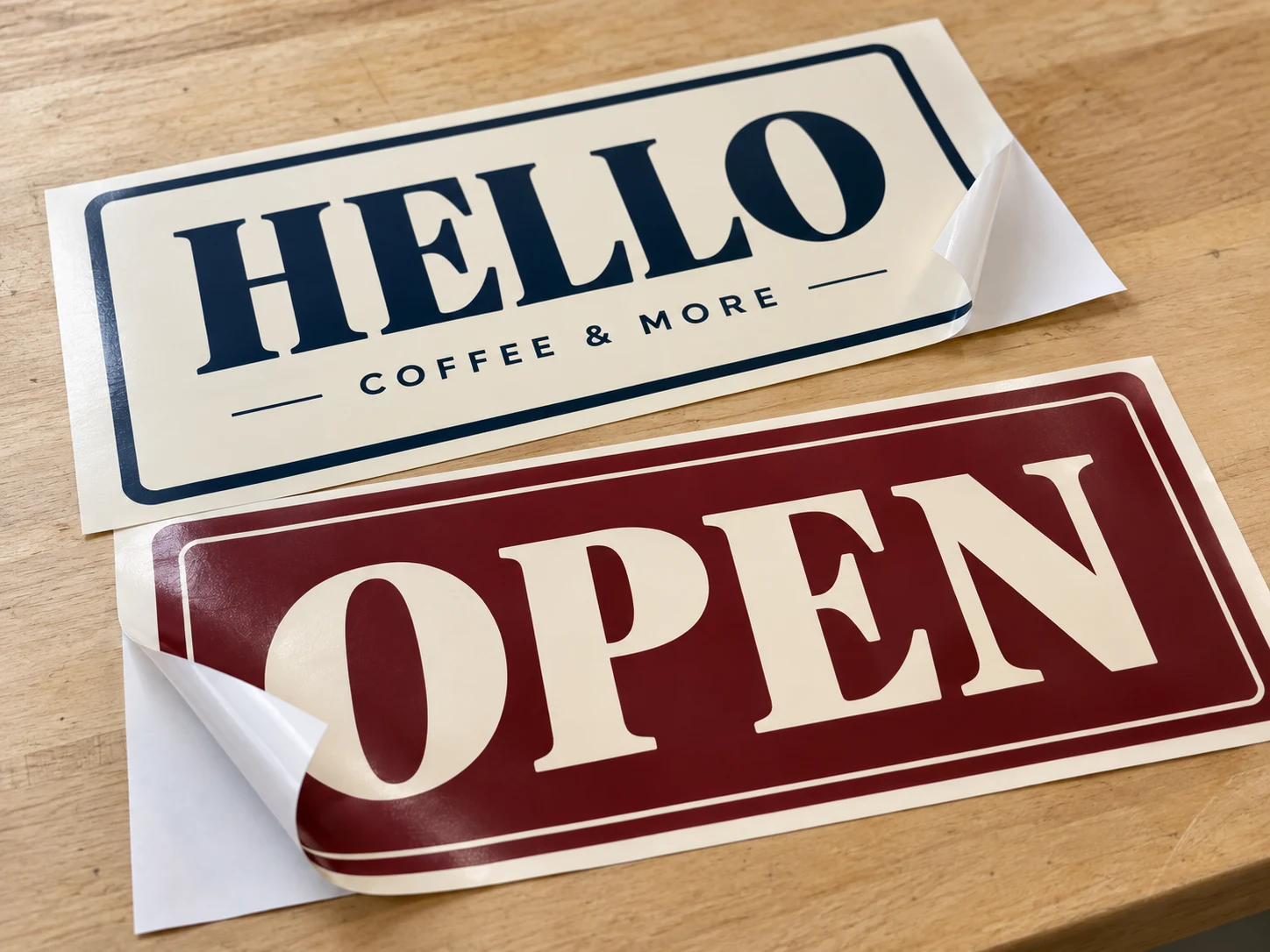 Coffee and Open lettering shown as printed sticker examples