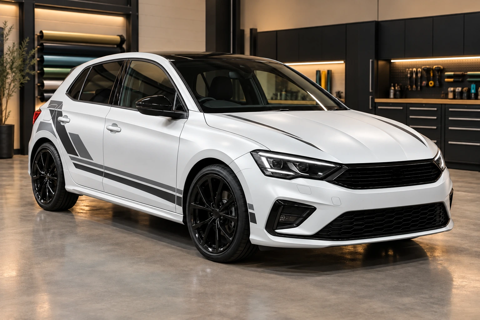 Sample white hatchback wrap with charcoal stripes, grey geometric graphics and slim bonnet lines