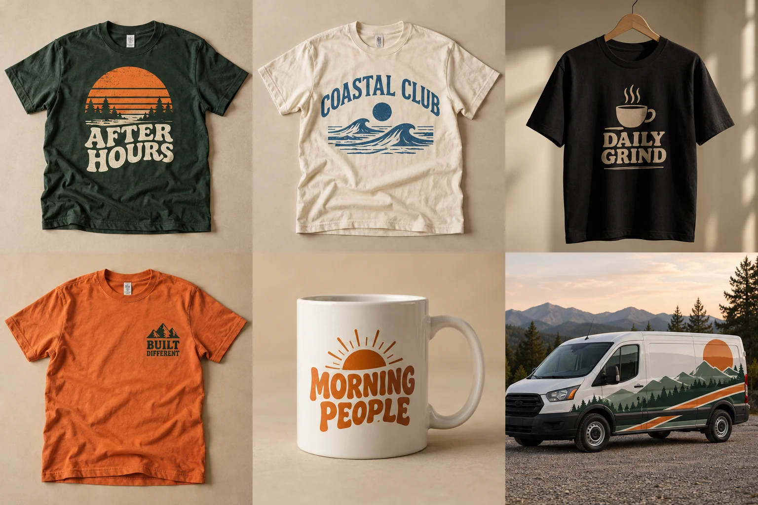 Realistic mockups of custom printed T-shirts, a mug and a branded van