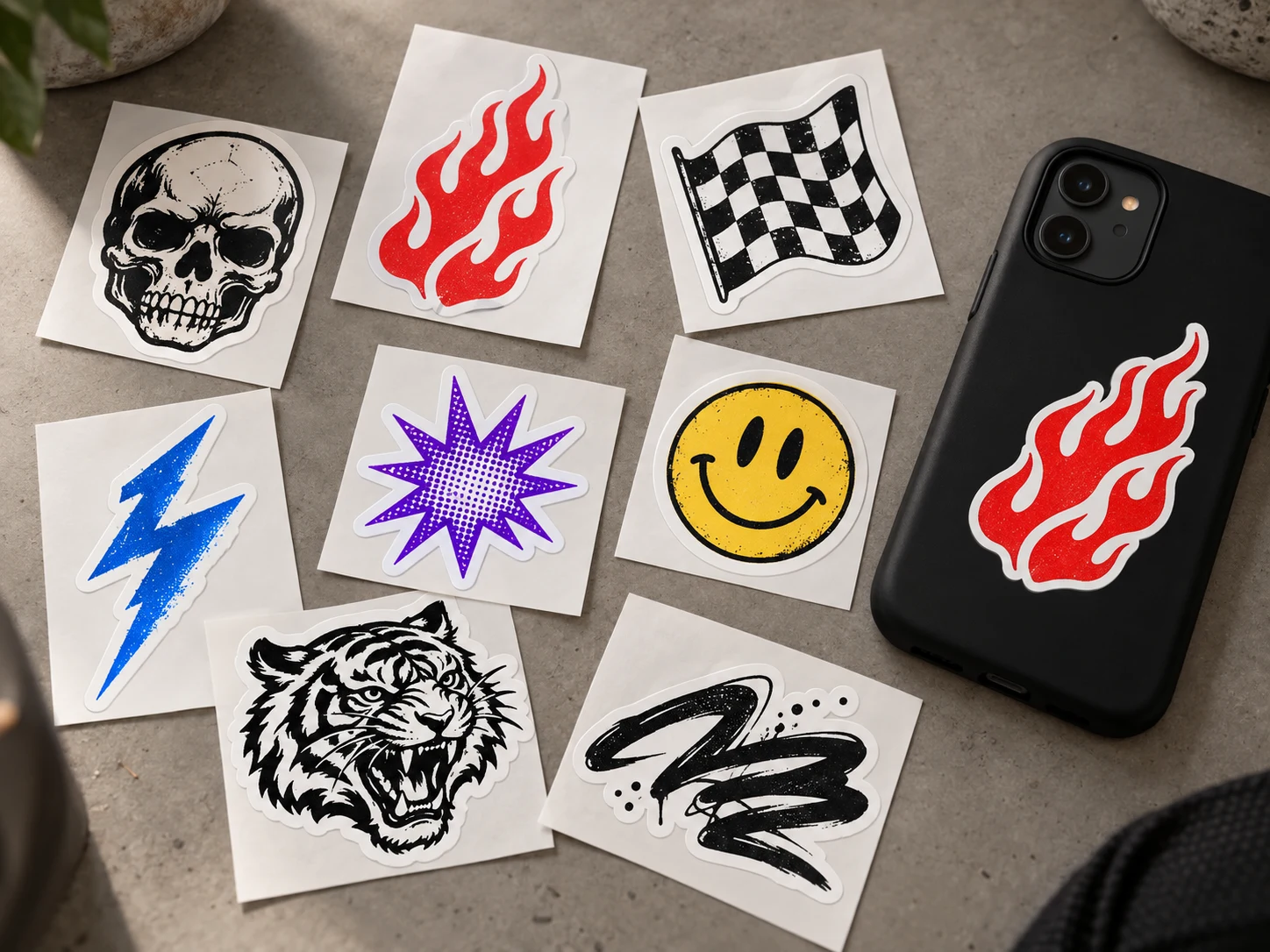 Sample urban sticker designs: skull, flames, racing checks, lightning, stars and tiger graphics